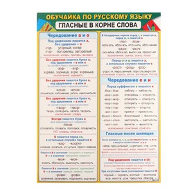 Плакат "Обучайка по Русскому языку. Гласные в корне слова" 50,5х69,7 см 9473461