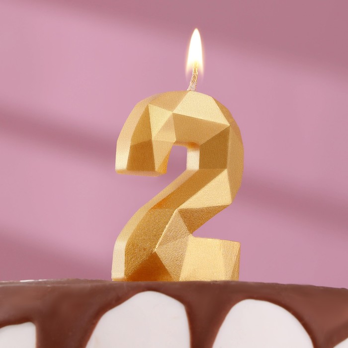 Свеча в торт «Алмаз» цифра 2 золотая, 6,5 см - Фото 1