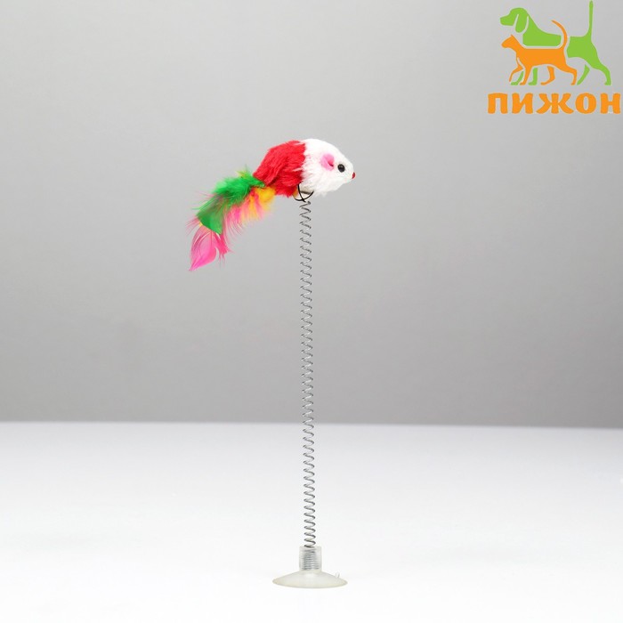 Дразнилка «Мышь на присоске», искусственный мех с цветными перьями,24 см, мышь красная/белая - Фото 1