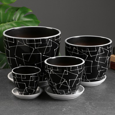 Горшок для цветов «Иллюзия», керамический, с поддоном, чёрный, набор 4 шт.