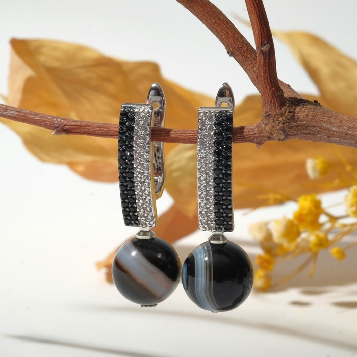 Серьги шар №10 «Агат полосатый» в серебре - Фото 1