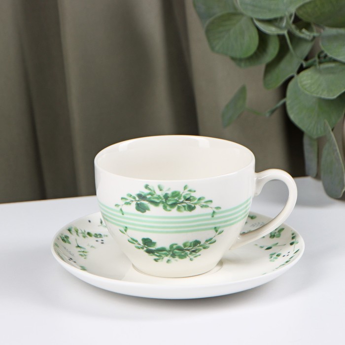 Чайная пара фарфоровая Доляна «Эвкалипт», 2 предмета: чашка 280 мл, блюдце d=15 см - Фото 1