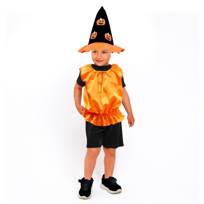 Карнавальный костюм Тыква,жилет,шляпа черно-оранжевая,рост 98-110 - фото 1907616046