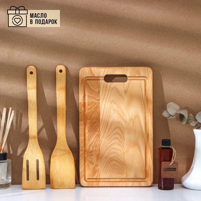 Подарочный набор деревянной посуды Adelica, доска разделочная, 2 лопатки, 29×18×1,8 см, масло в подарок 100 мл, берёза - Фото 1