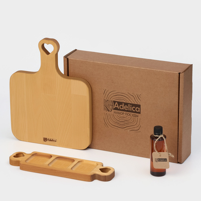 Подарочный набор посуды Adelica, доска разделочная, менажница 3 секции, масло в подарок 100 мл, дерево берёза