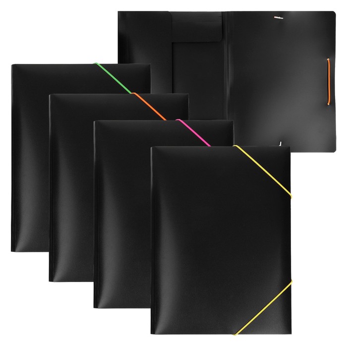 Папка на резинке А4, 500 мкм, Calligrata, корешок 15 мм, чёрная, МИКС (неоновые цветные резинки) - Фото 1