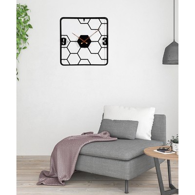 Часы настенные интерьерные большие, Лофт, «Соты», плавный ход, 58×58 см, чёрные