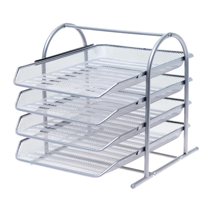 УЦЕНКА Лоток горизонтальный для бумаг 4 отделения, сетка металл, серая - Фото 1