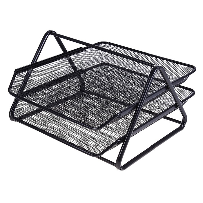 УЦЕНКА Лоток для бумаг горизонтальный, 2 отделения, в сетку, чёрный - Фото 1