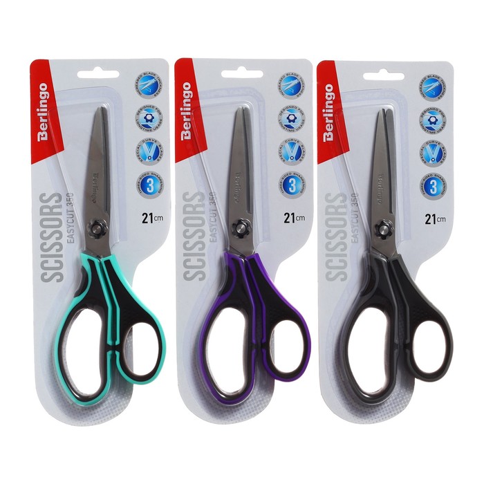 

Ножницы 21см Berlingo "Easycut 350" ассорти, эргономичные ручки, мягкие вставки, европодвес