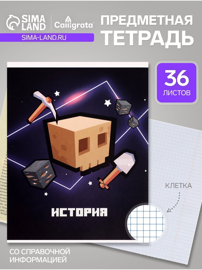 Предметная тетрадь по истории Calligrata «Пиксели», 36 листов, в клетку, со справочным материалом, обложка из мелованного картона - Фото 1