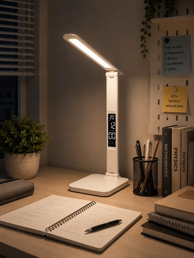 Лампа настольная светодиодная, часы, календарь, термометр, 3 режима, USB, 12×17×34 см, белая