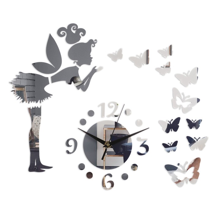 Часы-наклейка &quot;Фея с бабочками&quot;, 60 х 60 см, 1 АА, серебро