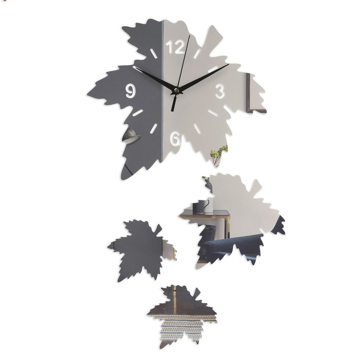 Часы-наклейка &quot;Кленовый лист&quot;, часы 25 х 28 см, композиция 56 х 33 см, 1 АА, серебро