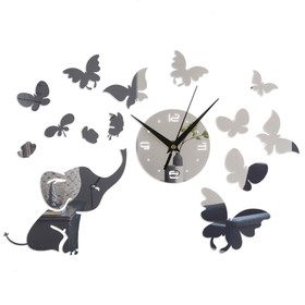Часы-наклейка, серия: DIY, 'Слоник, бабочки', d-10 см, композиция 30 х 55 см, 1 ААА, серебро