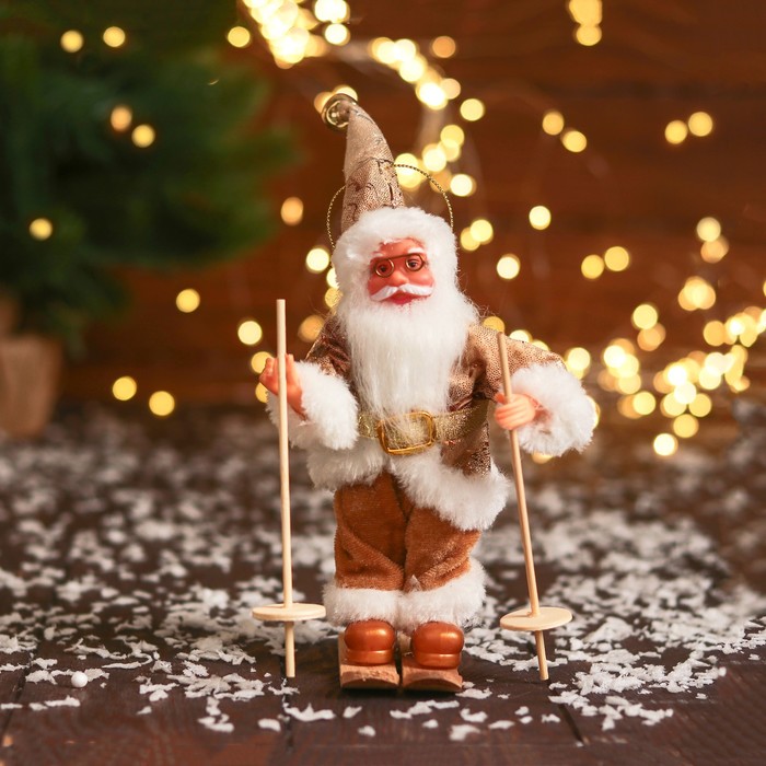 Дед Мороз "В блестящем костюмчике, на лыжах" 16 см, золотисто-белый - Фото 1