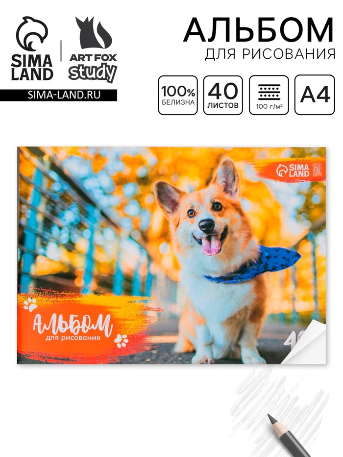 Альбом для рисования 40 листов А4 на скрепке «Корги» обложка 160 г/м², бумага 100 г/м². - Фото 1