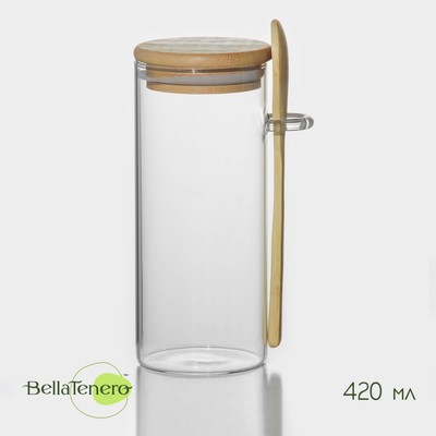 Банка стеклянная для сыпучих продуктов с бамбуковой крышкой и ложкой BellaTenero «Эко», 420 мл, 8,3×6,7×15,5 см