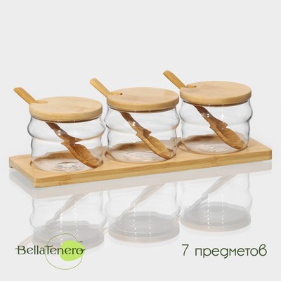 Набор банок стеклянных для сыпучих продуктов с ложками на бамбуковой подставке BellaTenero «Эко. Грани», 3 предмета: 295 мл, 30×10×13 см