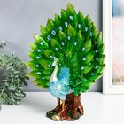 Сувенир полистоун "Синий павлин с зелёным распустившимся хвостом на лугу" 13х30х35 см - фото 22000463