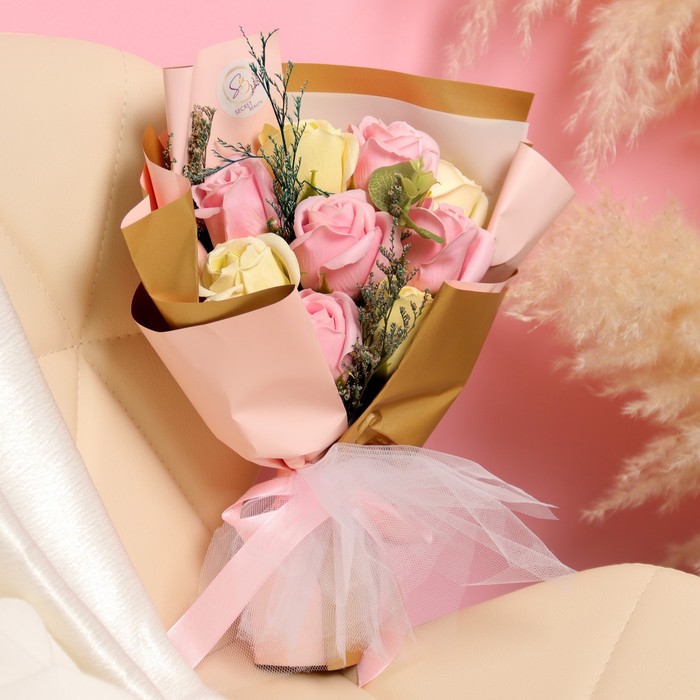 Букет мыльных роз, премиальный, розово-желтый, 9 шт. - Фото 1