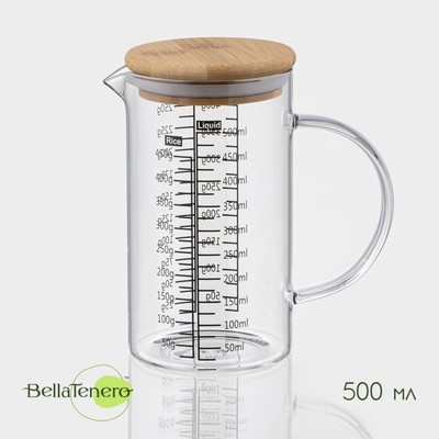Кувшин мерный BellaTenero «Эко», 500 мл, 13×8×15 см, стекло, с бамбуковой крышкой, прозрачный