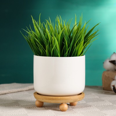 Горшок для цветов «Эко», керамический, 250 мл, 9×7 см, с деревянной подставкой, белый