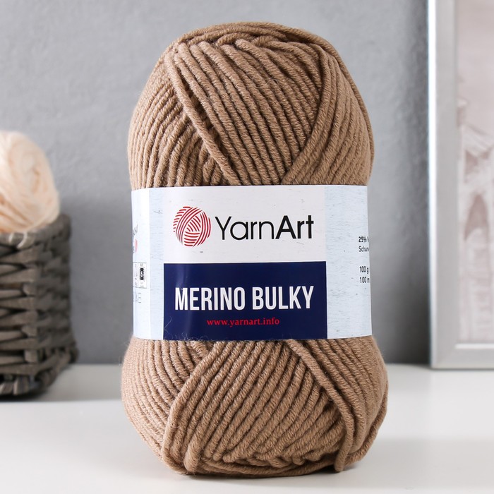 Пряжа "Merino bulky" 25% шерсть 75% акрил 100м/100гр (218 серо-бежевый) - Фото 1