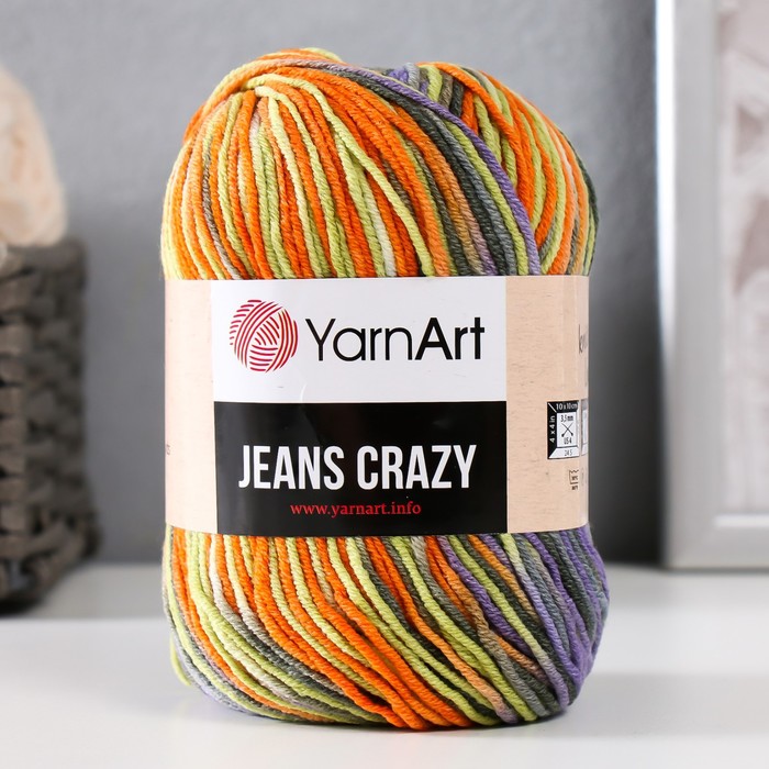 Пряжа для вязания спицами, крючком YarnArt, Jeans crazy, 55% хлопок, 45% акрил, 160 м/50 г, (8213 серый, зелёный) - Фото 1