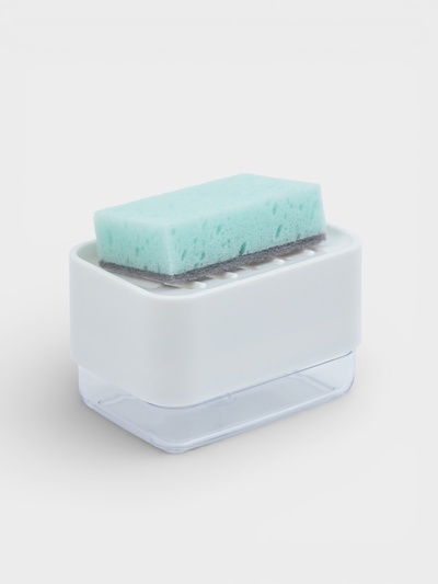 Дозатор для моющего средства с подставкой для губки Raccoon, губка в комплекте, белый