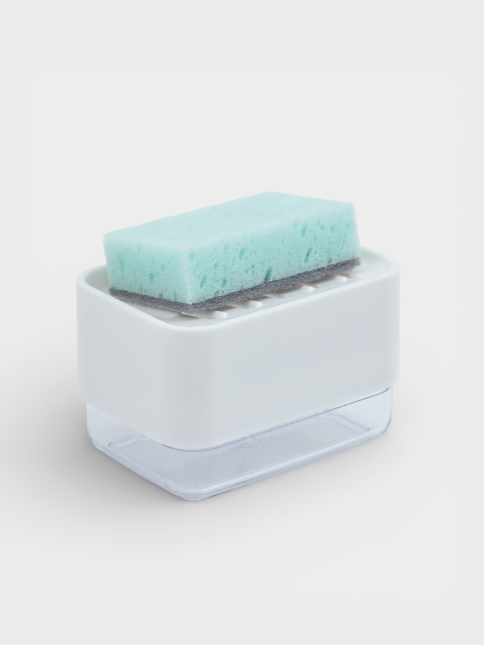 Дозатор для моющего средства с подставкой для губки Raccoon, губка в комплекте, белый