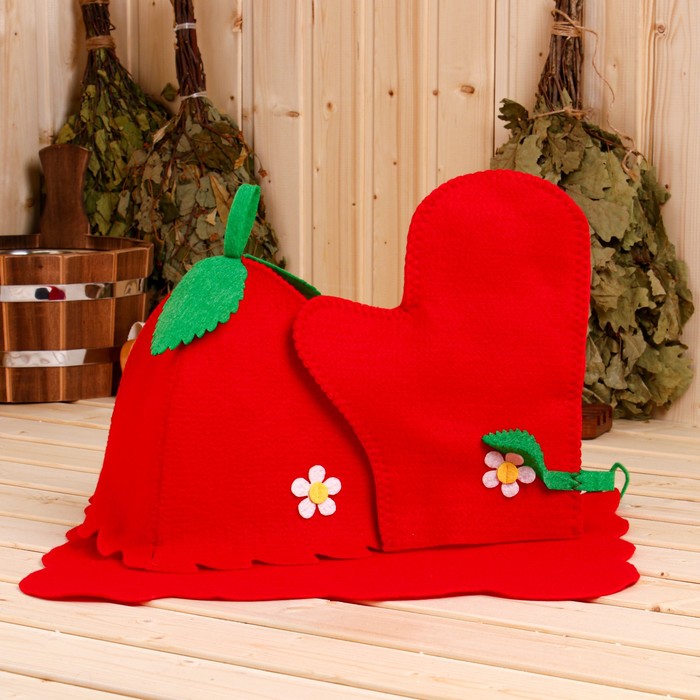 Набор банный женский "Ягодка" (шапка+рукавица+коврик) - Фото 1