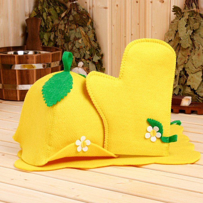Набор банный женский "Лимончик" (шапка+рукавица+коврик) - Фото 1