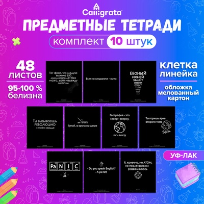 Набор предметных тетрадей Calligrata «На Чёрном», 10 предметов, 48 листов, со справочным материалом, обложка из мелованного картона, УФ-лак, блок оф...