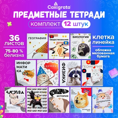 Набор предметных тетрадей 36 листов «Животные мемы», 12 предметов, серые листы