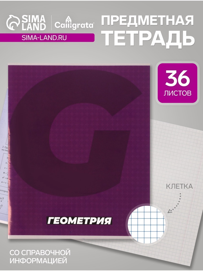Предметная тетрадь по геометрии Calligrata. MonoTone, 36 листов, в клетку, со справочным материалом, обложка из мелованной бумаги - Фото 1
