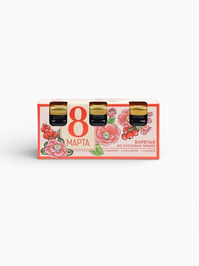 Набор варенья с сосновыми шишками «8 Марта», вкусы: имбирь, брусника, клюква, 30 г × 3 шт.