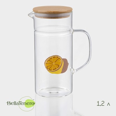 Кувшин для воды мерный BellaTenero «Эко. Фрукты», 1.2 л, 14.5×9.5×22 см, стекло, с бамбуковой крышкой, прозрачный