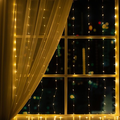 УЦЕНКА Гирлянда «Занавес» 1.6×1.6 м, роса, IP20, серебристая нить, 160 LED, свечение тёплое белое, 8 режимов, 220 В