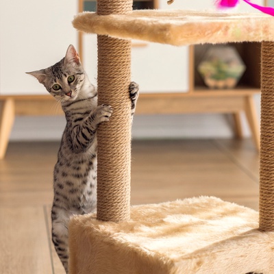 Домик для кошек с когтеточкой, 37×37×111 см, с двумя полками, джут, бежевый