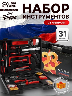 Набор инструментов в кейсе ТУНДРА «23 ФЕВРАЛЯ», в подарочной упаковке, 31 предмет  (артикул 9305225)  большой выбор товаров оптом и в розницу по низким ценам с доставкой