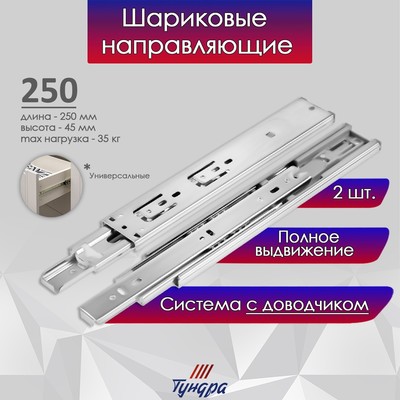 Шариковые направляющие ТУНДРА, с доводчиком 4510, L=250 мм H=45 мм 2 шт.