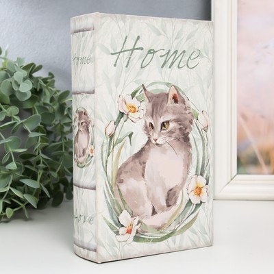 Шкатулка книга - сейф «Серый котёнок с цветами», дерево, искусственная кожа, 21×13×5 см