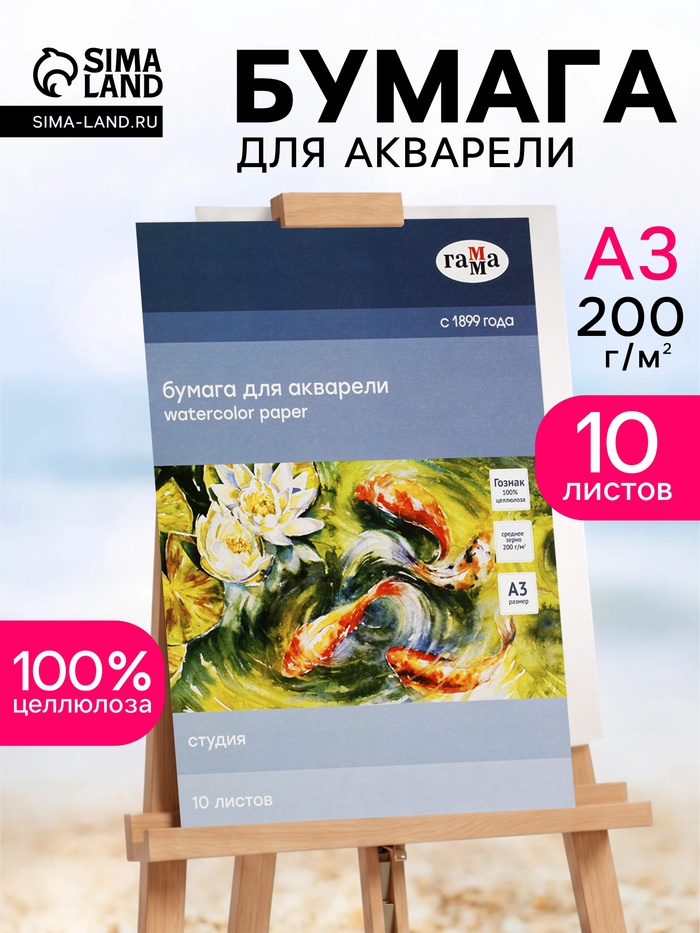 Бумага для акварели в папке А3, 10 листов, Гамма «Студия», 200 г/м², среднее зерно - Фото 1