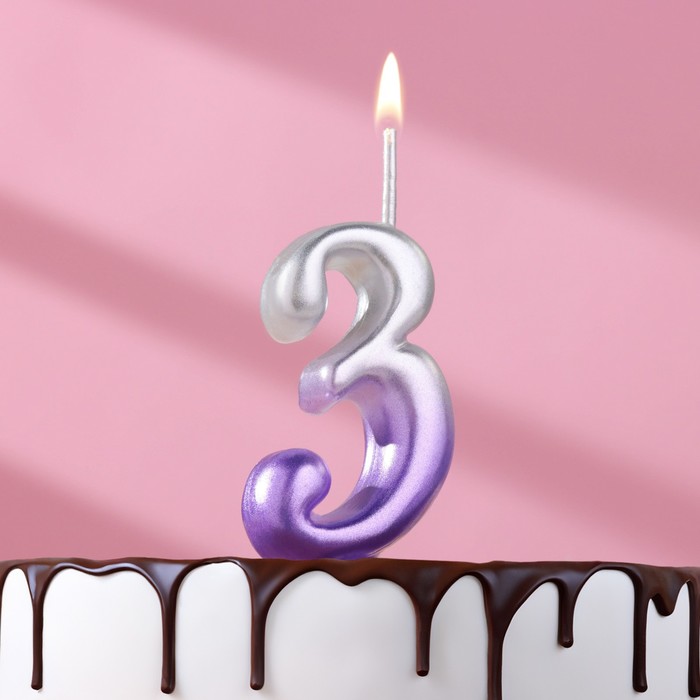 Свеча для торта цифра "Овал" "3", 5,5 см, серебро-сирень - Фото 1