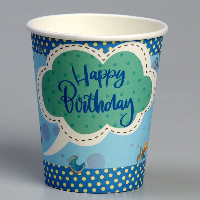 Стакан бумажный «С днём рождения», мишка, в наборе 6 штук, голубой