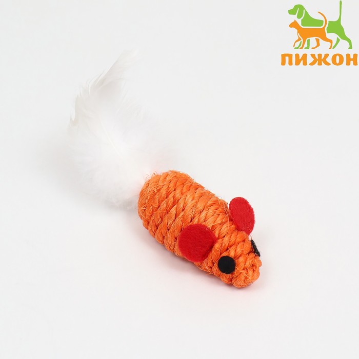 Игрушка для кошек "Мышь сизалевая малая" с меховым хвостом, 5,5 см, оранжевая - Фото 1
