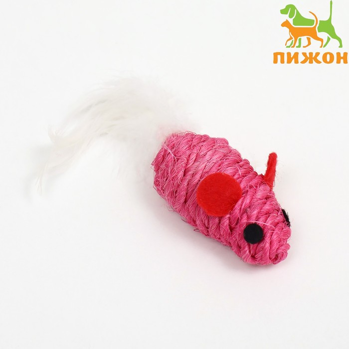 Игрушка для кошек "Мышь сизалевая малая" с меховым хвостом, 5,5 см, розовая - Фото 1