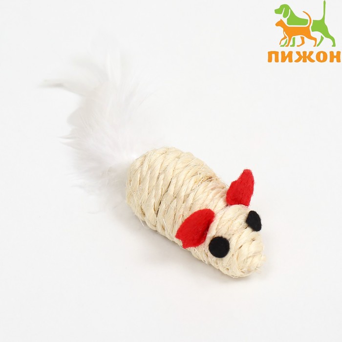 Игрушка для кошек "Мышь сизалевая малая" с меховым хвостом, 5,5 см, белая - Фото 1