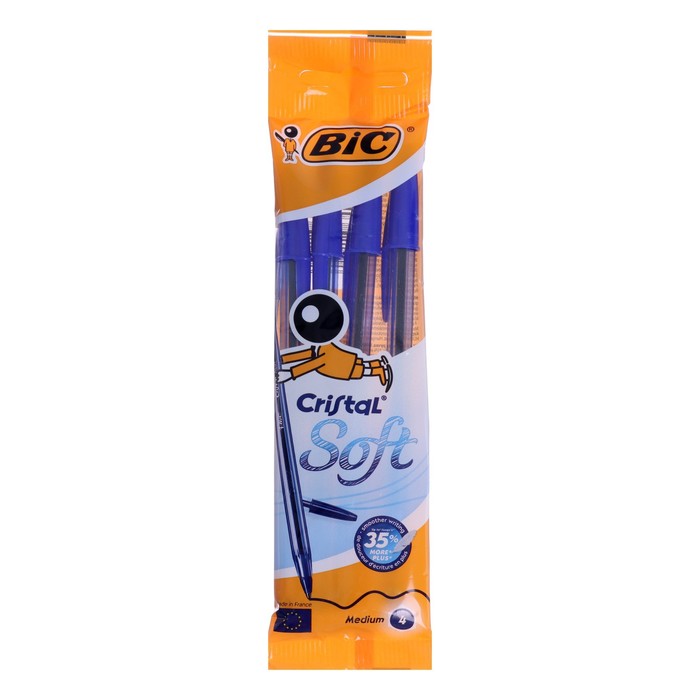 Набор ручек шариковых 4 штуки, BIC Cristal Soft, узел 1,2 мм, среднее письмо, чернила синие, корпус тонированный, подвес - Фото 1